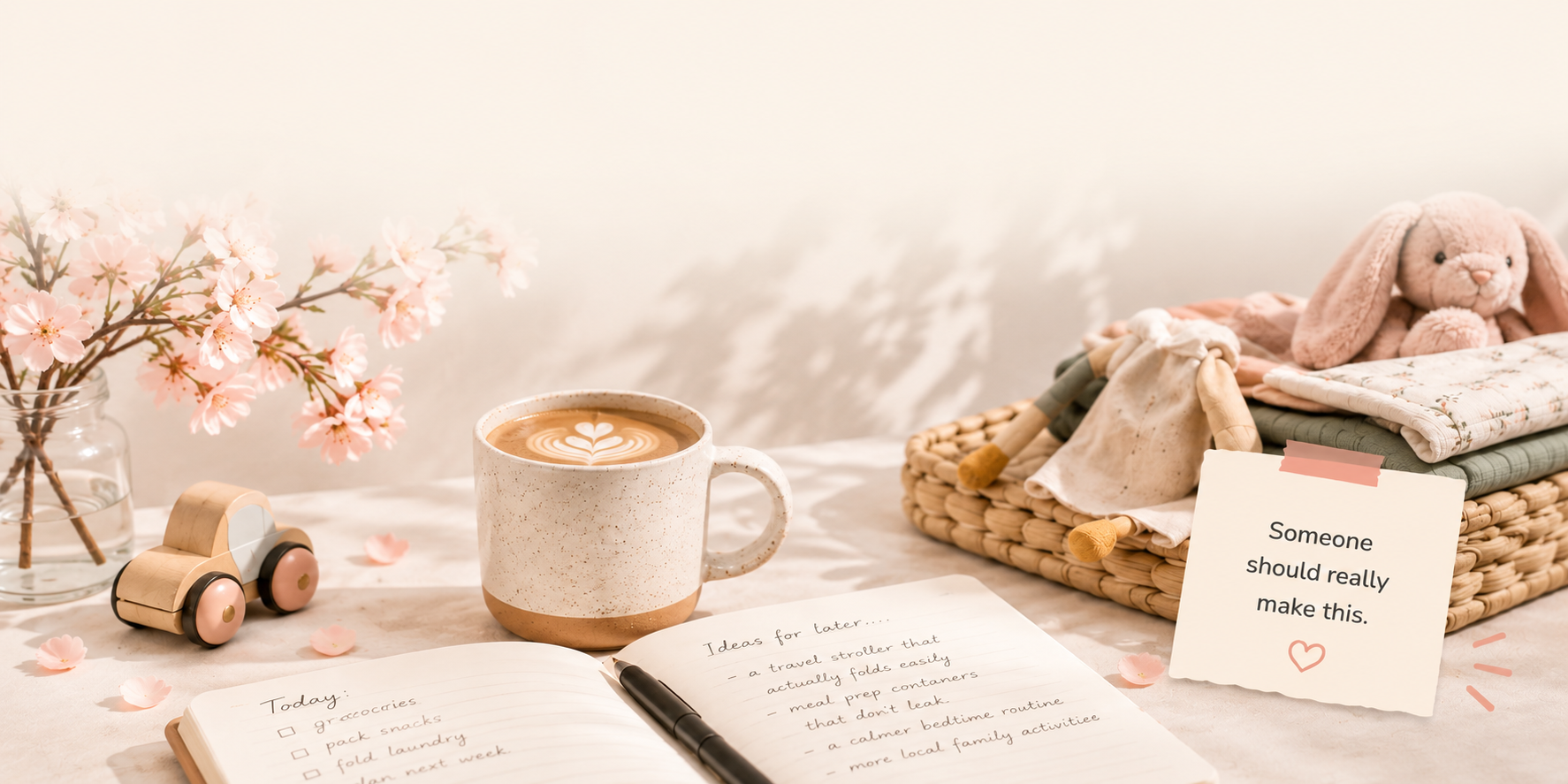 Parenting ideas workspace with coffee, cherry blossoms, toys, notebook, and notes featuring everyday problems parents want solved.